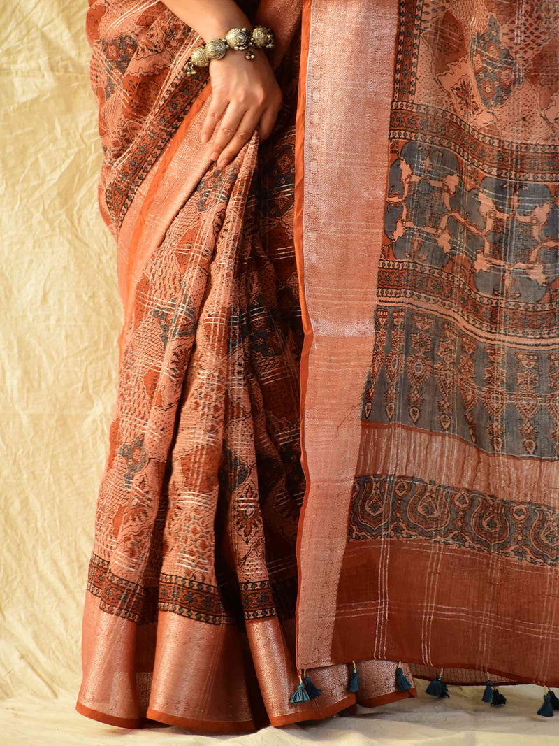 Kismat - Ajrakh handloom Kota Doria saree with zari border