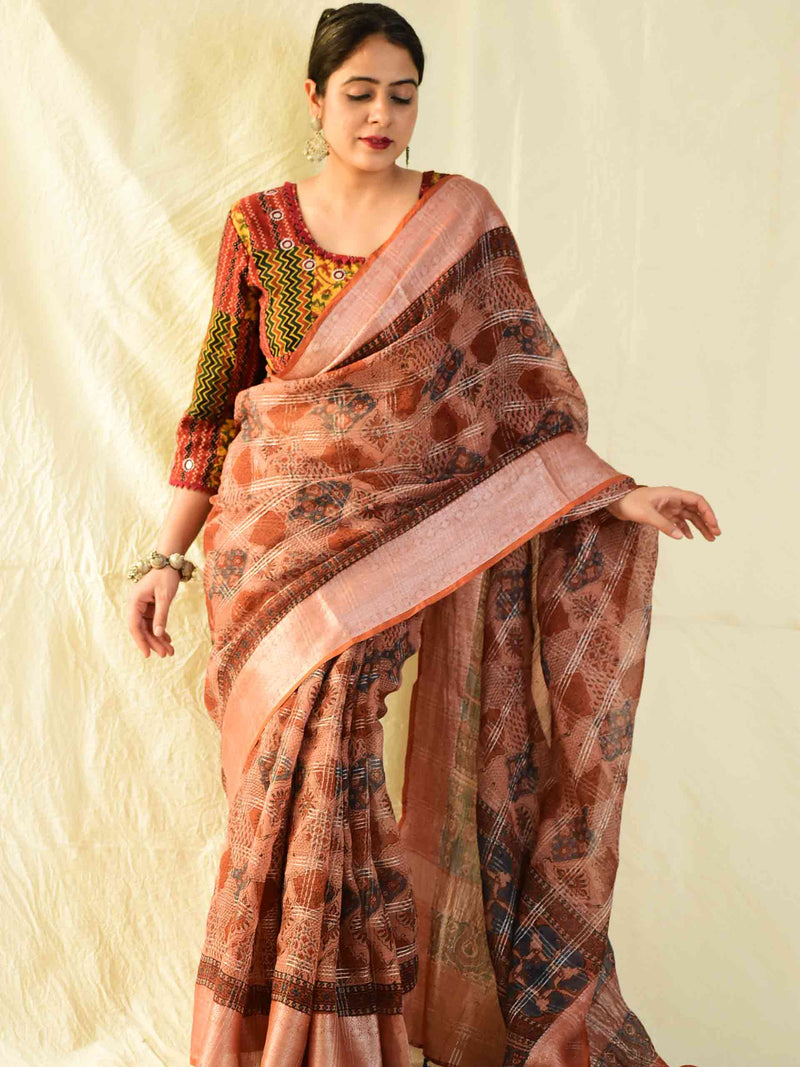 Kismat - Ajrakh handloom Kota Doria saree with zari border