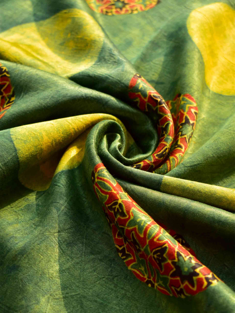 Planets - Ajrakh Hand block printed Mashru silk fabric $47 per meter