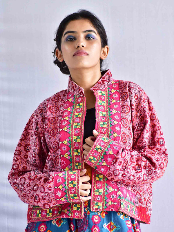 Mridang - mirror work hand embroidered and kantha Reversible jacket