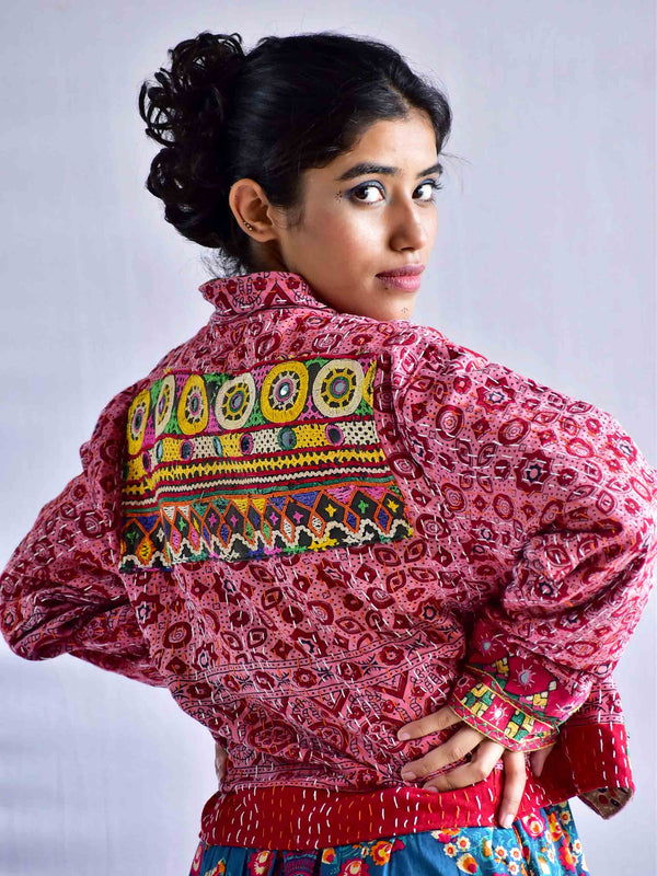 Mridang - mirror work hand embroidered and kantha Reversible jacket