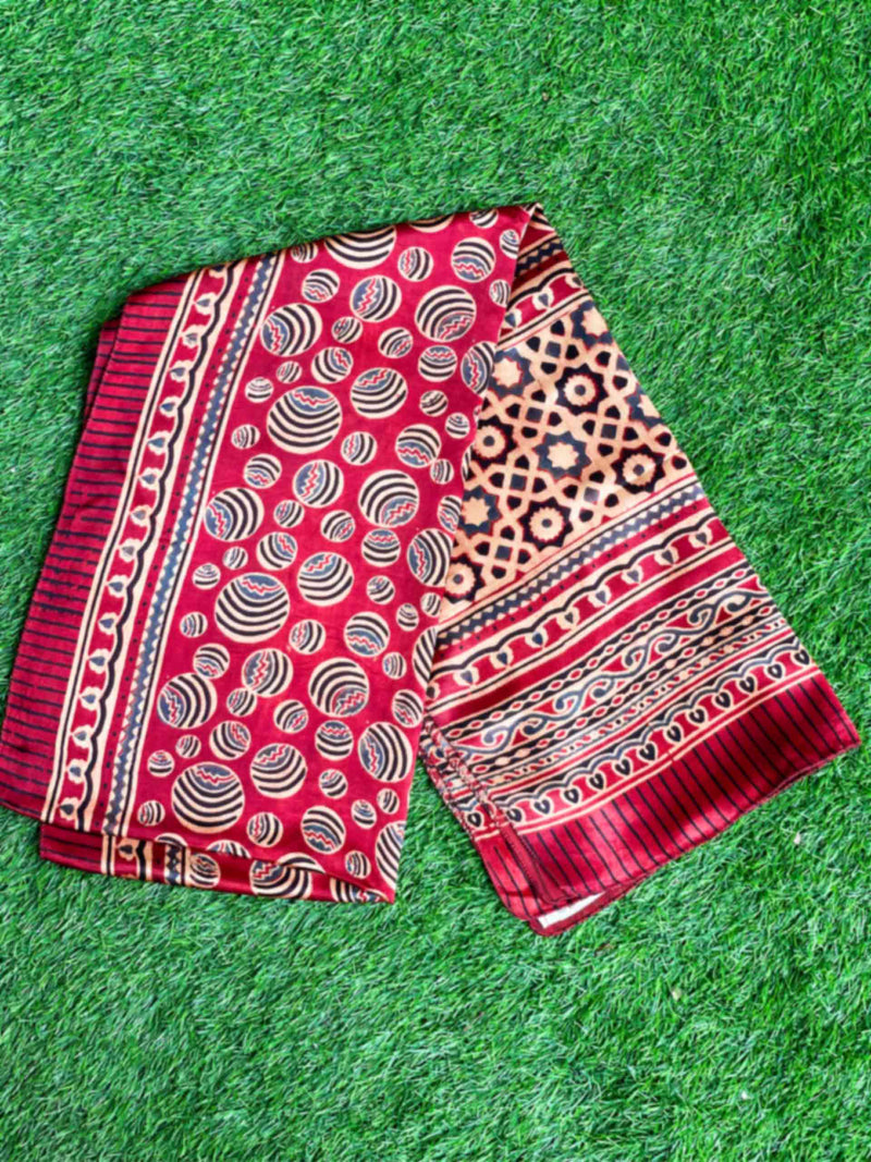 Buy Maroon Ajrakh hand block printed Mashru silk stole Online