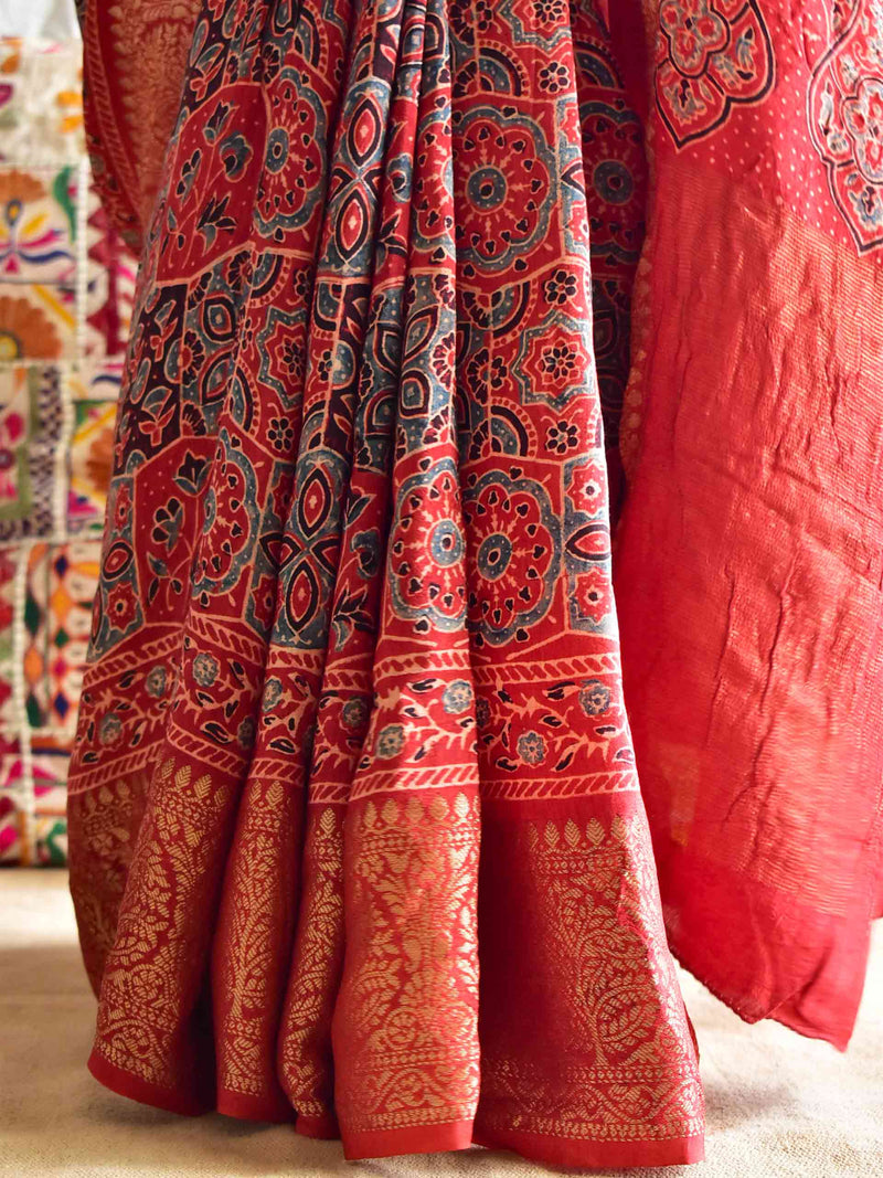 Barfi - Ajrakh hand block printed Dola Silk zari border Saree