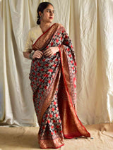 Shabnam - Ajrakh hand block printed Dola Silk zari border Saree