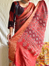 Barfi - Ajrakh hand block printed Dola Silk zari border Saree