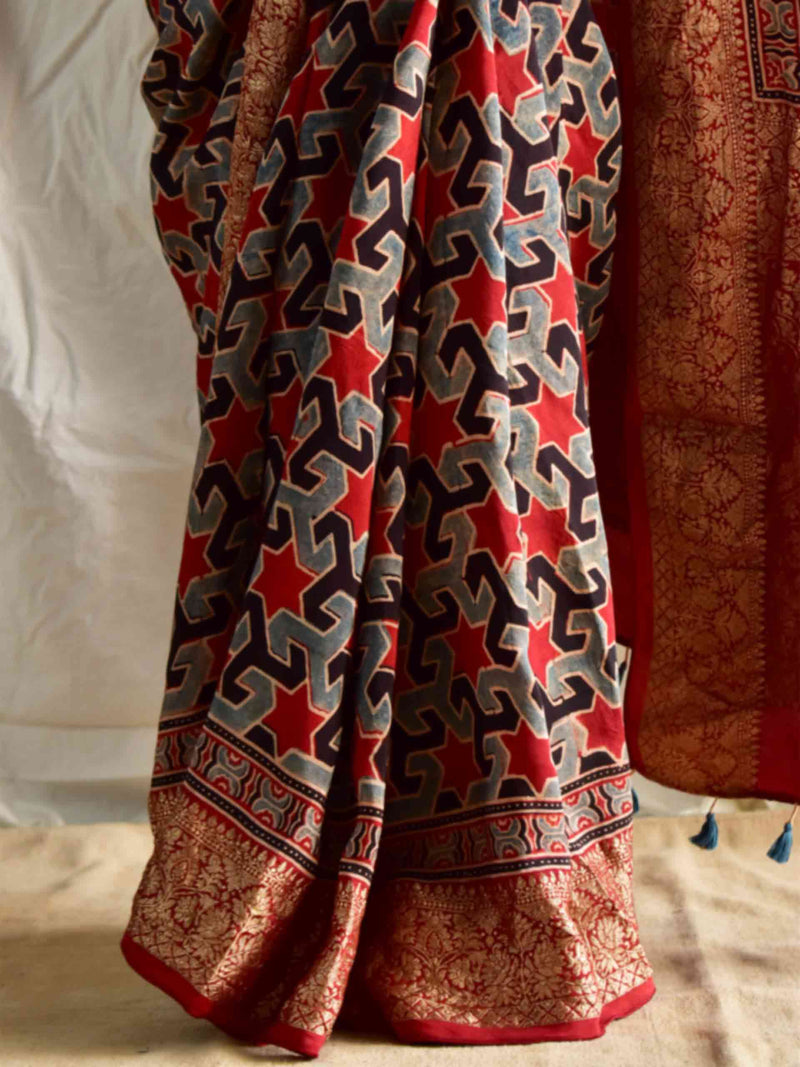 Shabnam - Ajrakh hand block printed Dola Silk zari border Saree