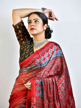 Gothic - Ajrakh hand block printed Modal Silk Saree with zari pallu