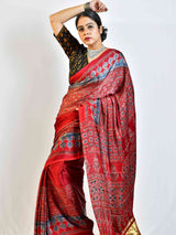 Gothic - Ajrakh hand block printed Modal Silk Saree with zari pallu