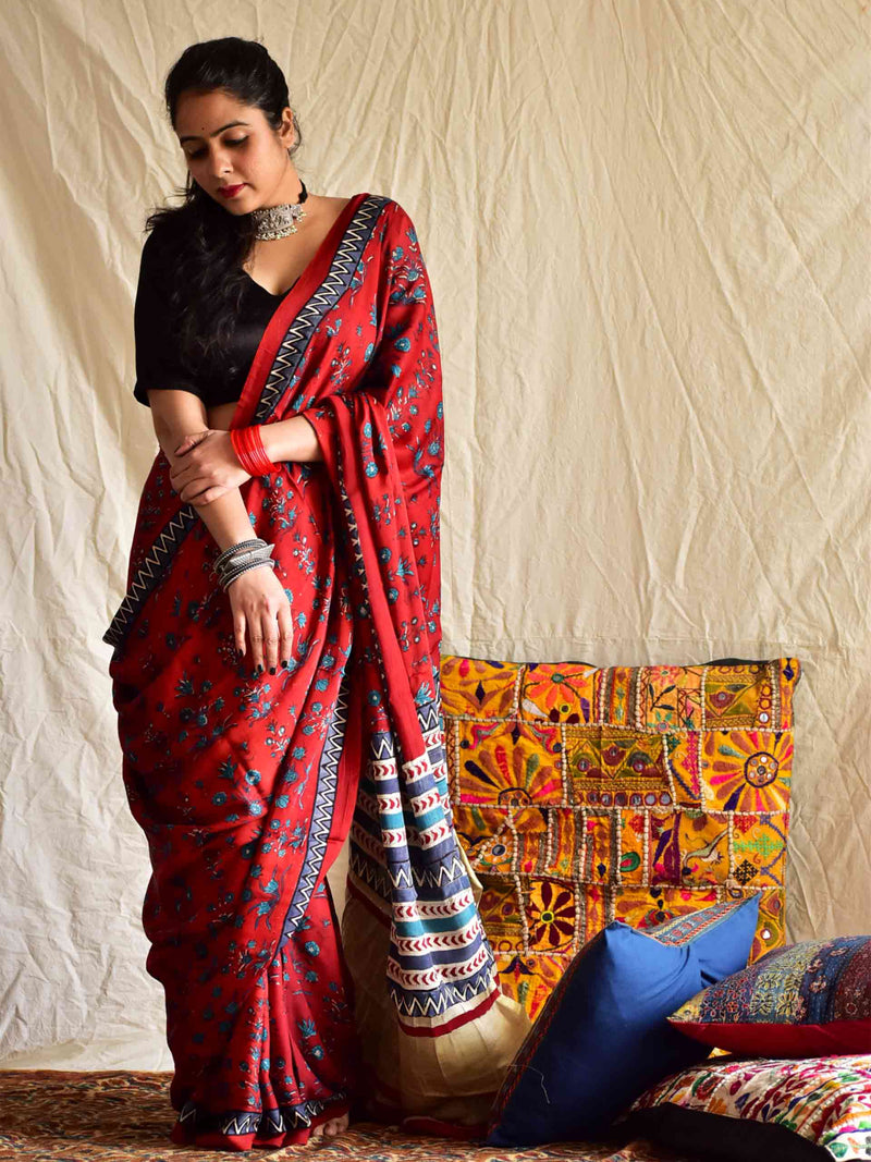 Phulwari - hand block printed Modal Silk Saree with zari pallu