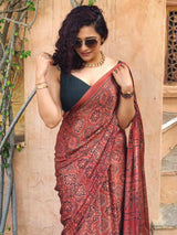 Buy Maroon Ajrakh hand block printed Modal silk saree with zari pallu