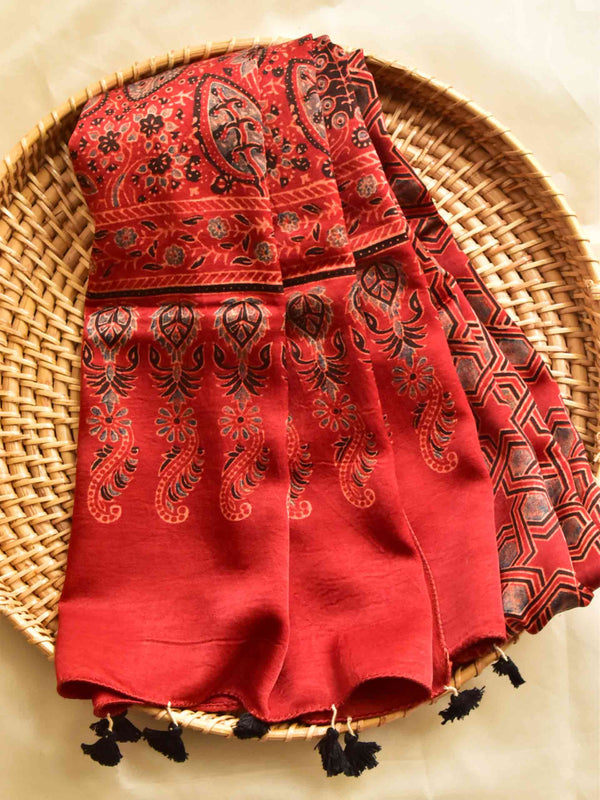 sky - Ajrakh hand block printed Mashru silk stole