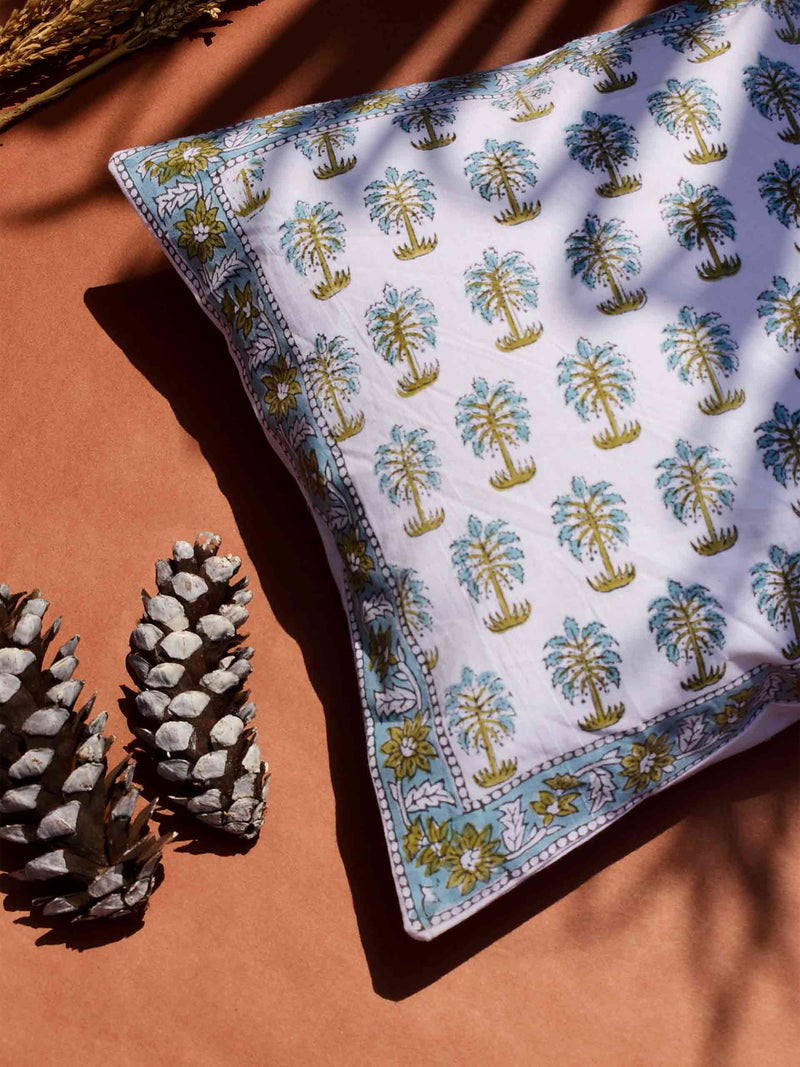 Palms - Hand block printed cotton cushion cover 16X16