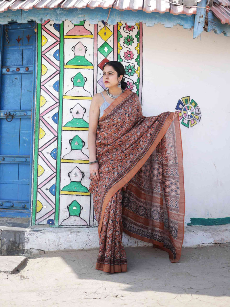 Gudhail Ajrakh Linen Silk Zari Saree