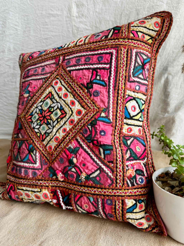 laado - hand embroidered mirror work cushion cover 18X18