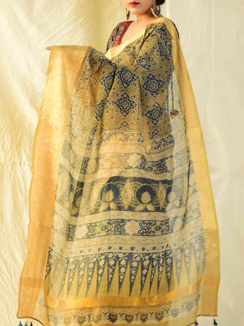 Janam Ajrakh handloom Kota Doria saree with zari border