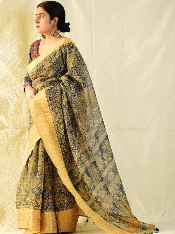 Janam Ajrakh handloom Kota Doria saree with zari border